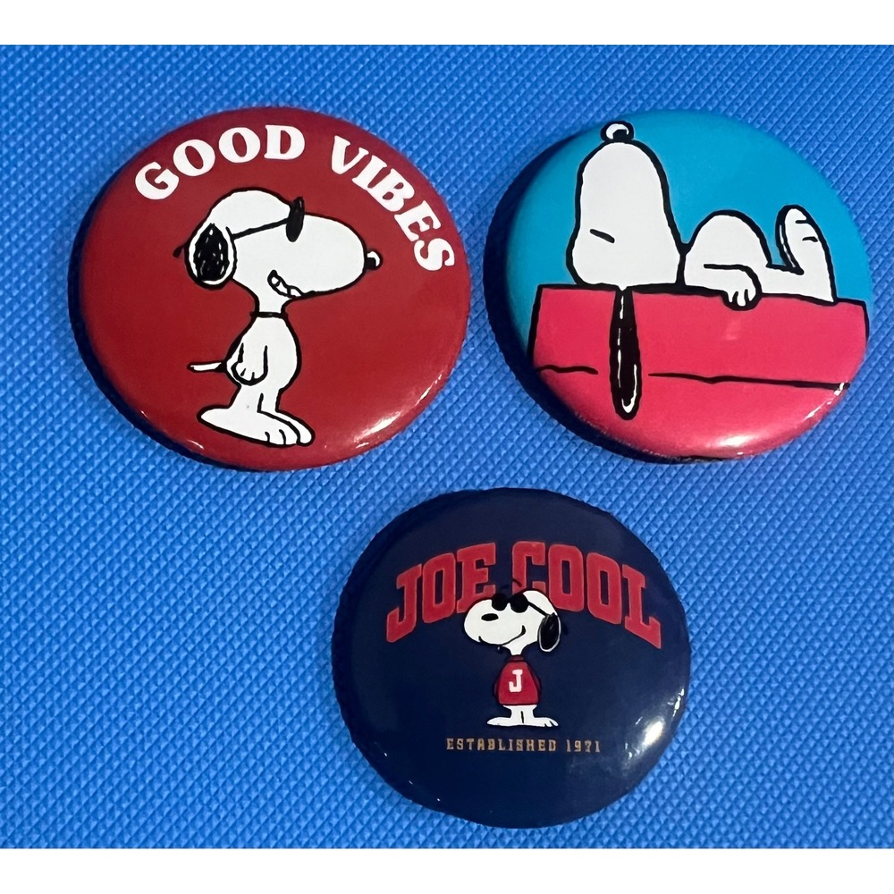 Peanuts Snoopy Joe Cool Good Vibes Button Pin Set 3 Piece Multicolor Round Pins
